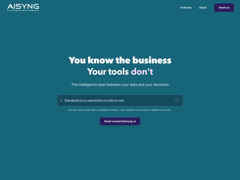 The AISYNG homepage: the headline “You know the business, your tools don’t” above a box for typing a question.
