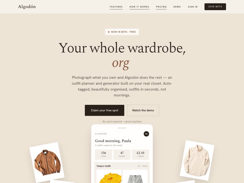The Algodon homepage: a wardrobe-planner headline above a phone showing today’s outfit, between a jacket and a shirt.