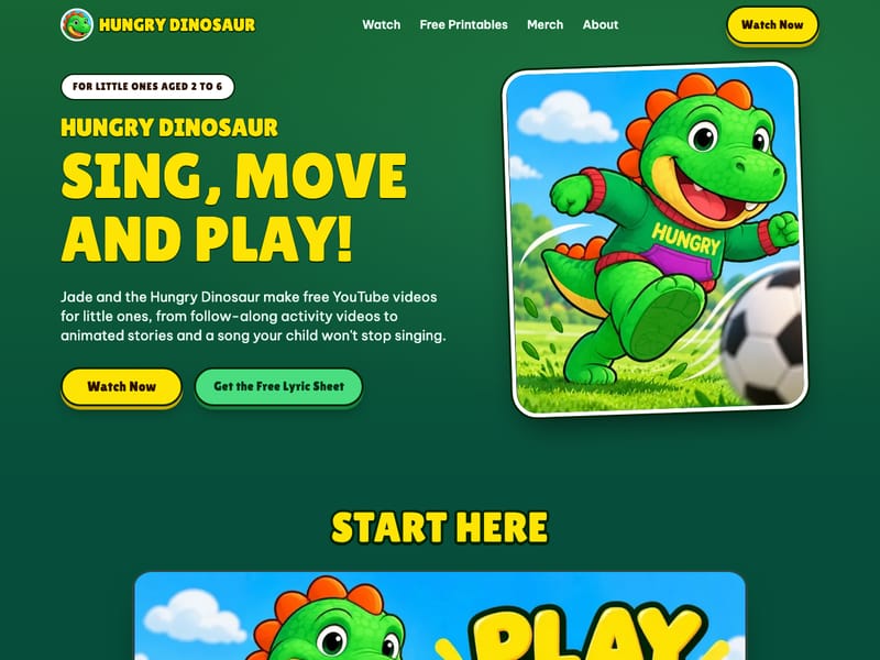 The Hungry Dinosaur homepage: the headline “Sing, move and play!” beside a cartoon dinosaur kicking a football.